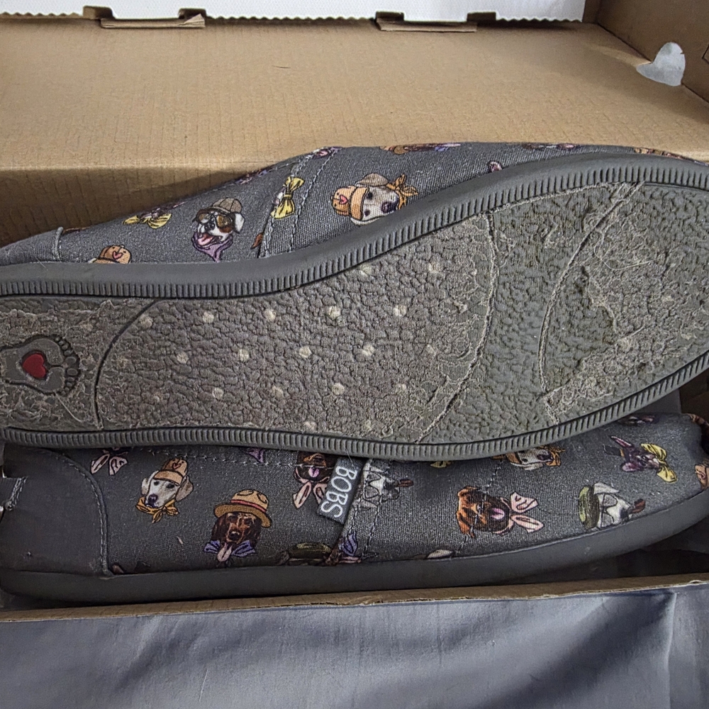 Skechers BOBS Gray Slip-On Shoes with Sherlock Holmes Dog Design